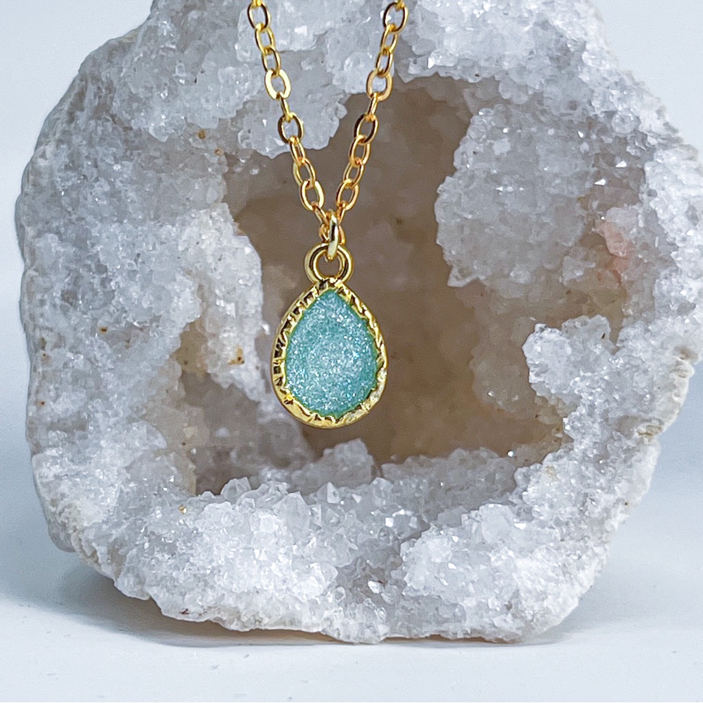 320 14k Gold Turquoise Glitter Resin Teardrop Charm Handmade Pendant Necklace 13$